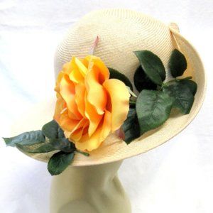 Vintage Beige Straw Hat with Raised Front Brim and Yellow Rose Adornment